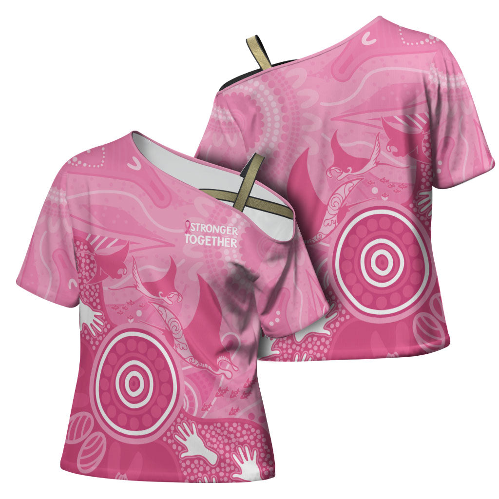 Australia Breast Cancer Support Cross Shoulder Shirt Pink Ribbon Manta Ray Aboriginal Art