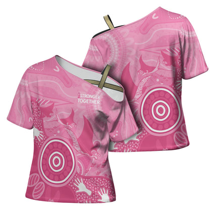 Australia Breast Cancer Support Cross Shoulder Shirt Pink Ribbon Manta Ray Aboriginal Art
