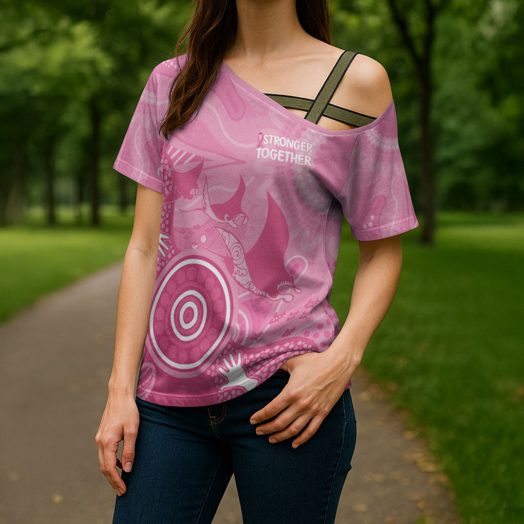 Australia Breast Cancer Support Cross Shoulder Shirt Pink Ribbon Manta Ray Aboriginal Art