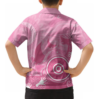 Australia Breast Cancer Support Kid Hawaiian Shirt Pink Ribbon Manta Ray Aboriginal Art