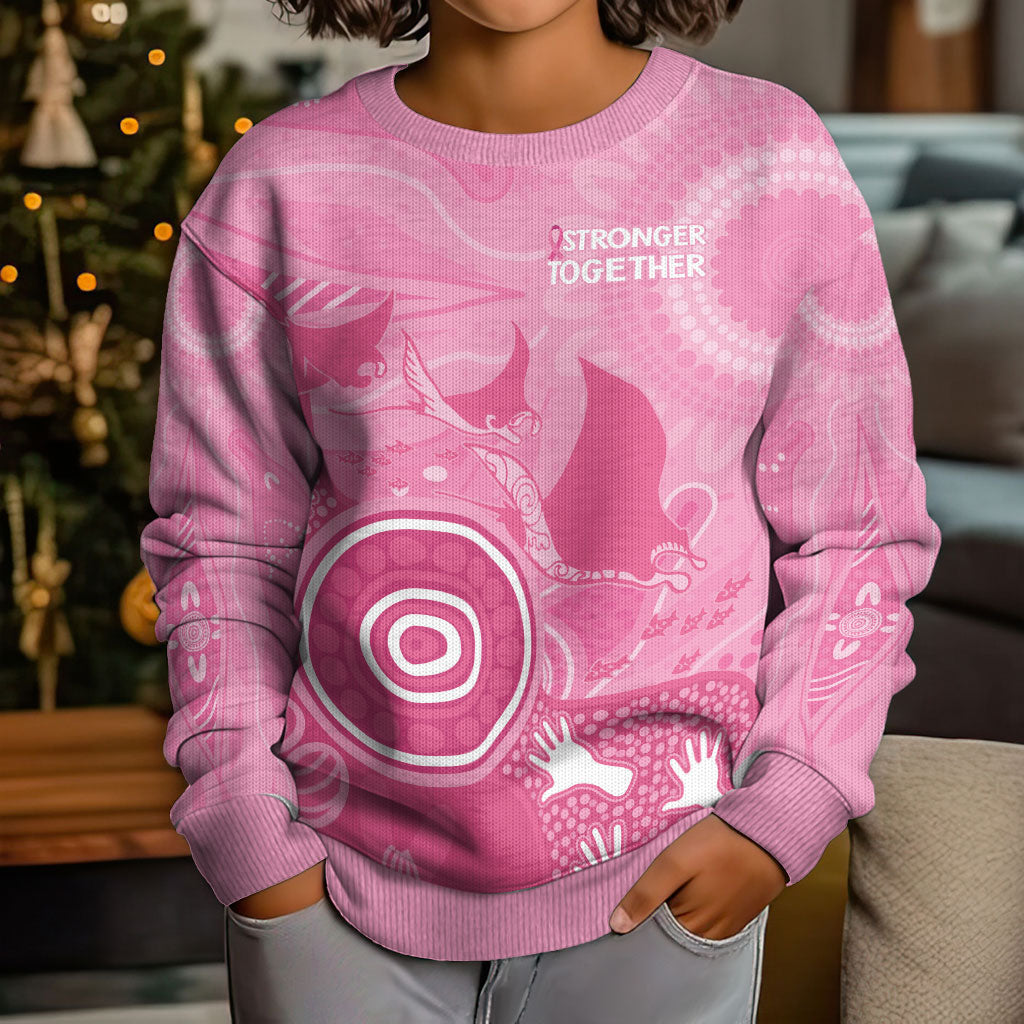 Australia Breast Cancer Support Kid Ugly Christmas Sweater Pink Ribbon Manta Ray Aboriginal Art