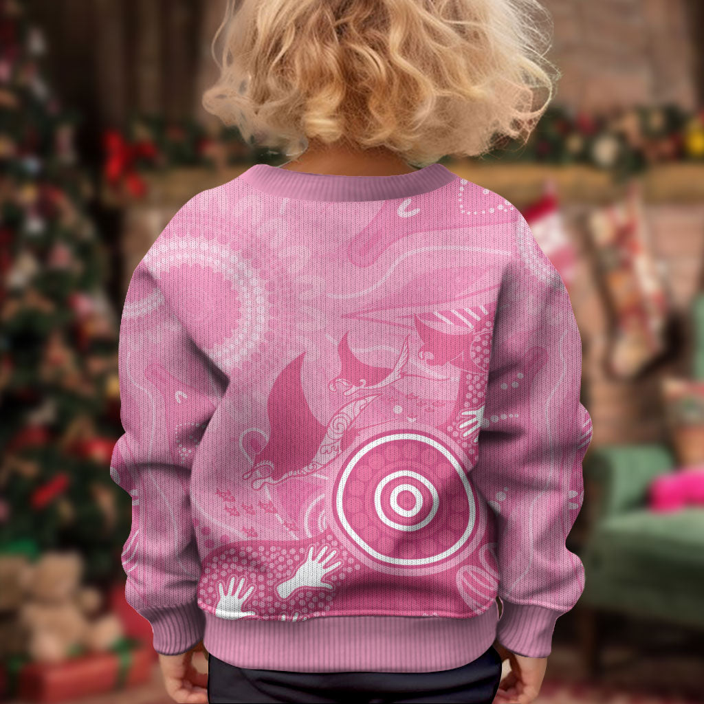 Australia Breast Cancer Support Kid Ugly Christmas Sweater Pink Ribbon Manta Ray Aboriginal Art