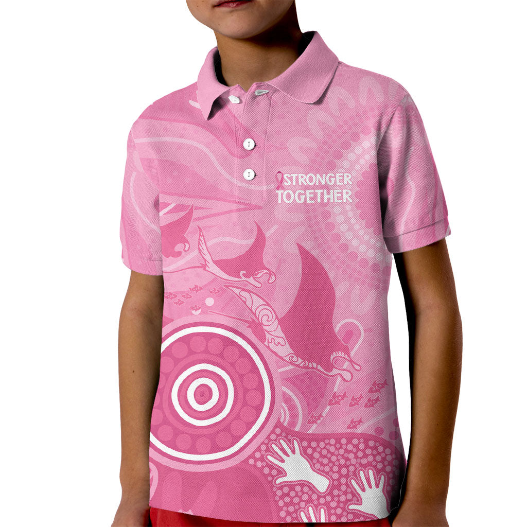 Australia Breast Cancer Support Kid Polo Shirt Pink Ribbon Manta Ray Aboriginal Art
