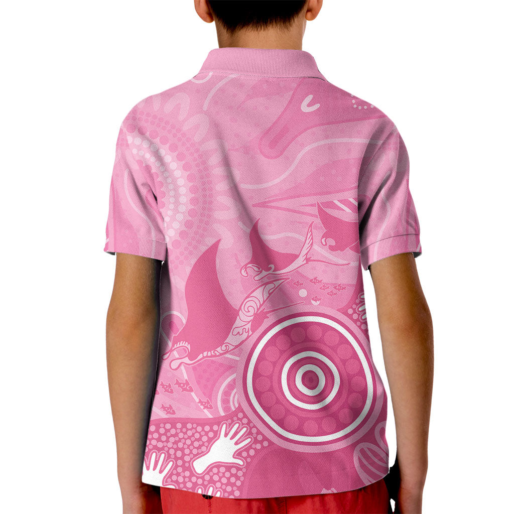 Australia Breast Cancer Support Kid Polo Shirt Pink Ribbon Manta Ray Aboriginal Art