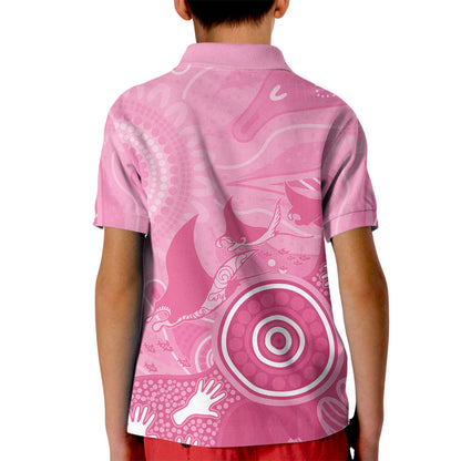 Australia Breast Cancer Support Kid Polo Shirt Pink Ribbon Manta Ray Aboriginal Art