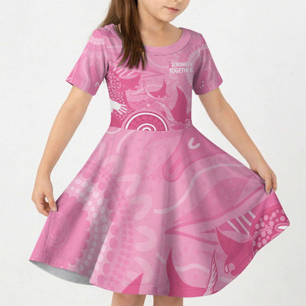 Australia Breast Cancer Support Kid Short Sleeve Dress Pink Ribbon Manta Ray Aboriginal Art