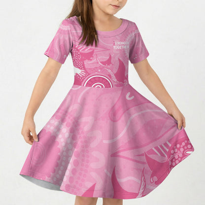 Australia Breast Cancer Support Kid Short Sleeve Dress Pink Ribbon Manta Ray Aboriginal Art