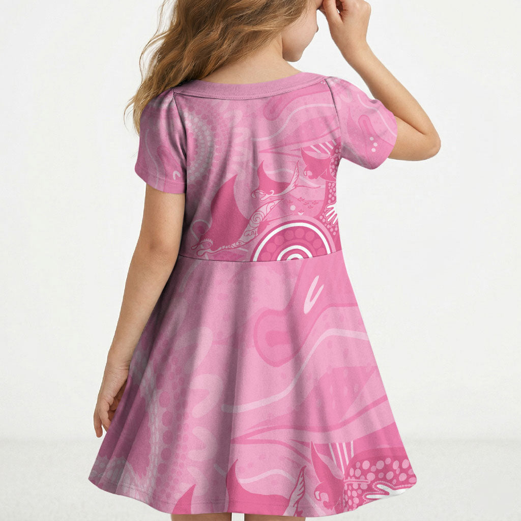 Australia Breast Cancer Support Kid Short Sleeve Dress Pink Ribbon Manta Ray Aboriginal Art