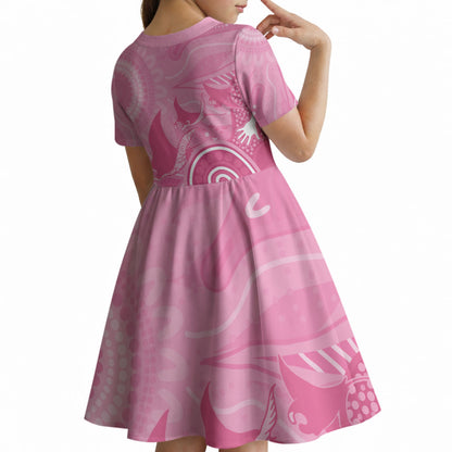 Australia Breast Cancer Support Kid Short Sleeve Dress Pink Ribbon Manta Ray Aboriginal Art