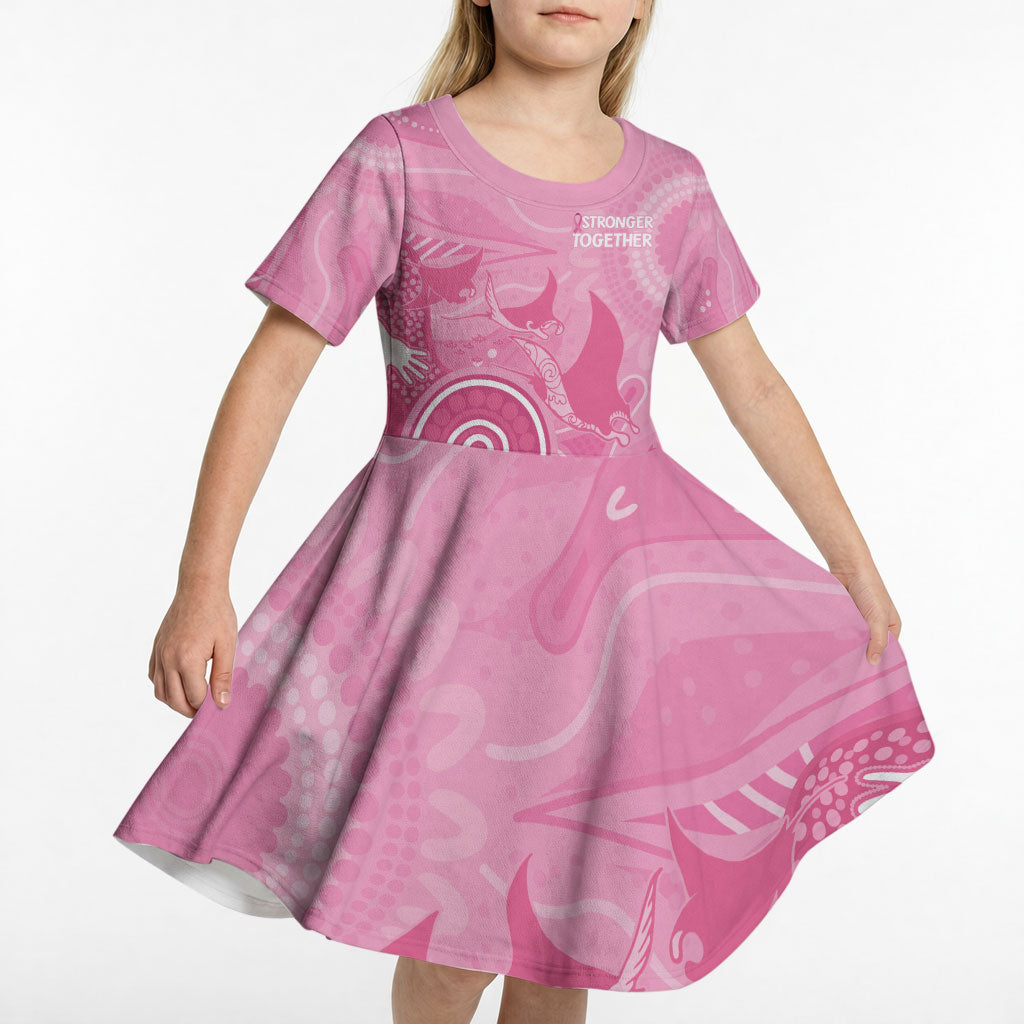 Australia Breast Cancer Support Kid Short Sleeve Dress Pink Ribbon Manta Ray Aboriginal Art