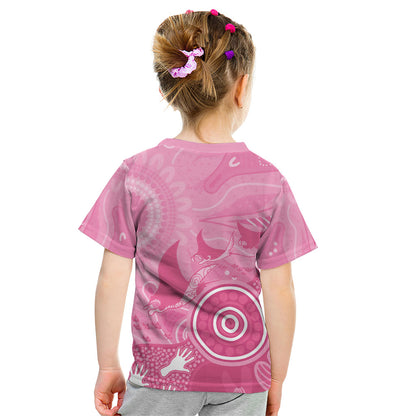 Australia Breast Cancer Support Kid T Shirt Pink Ribbon Manta Ray Aboriginal Art