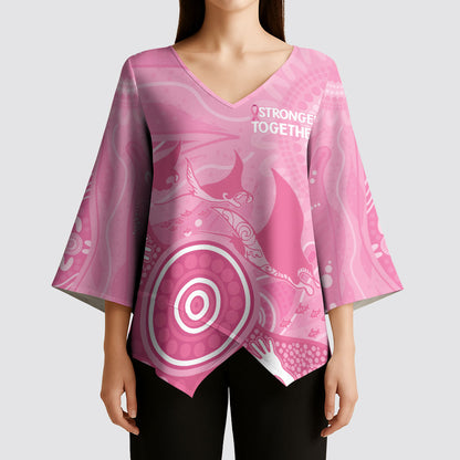 Australia Breast Cancer Support Kimono Sleeve Blouse Pink Ribbon Manta Ray Aboriginal Art