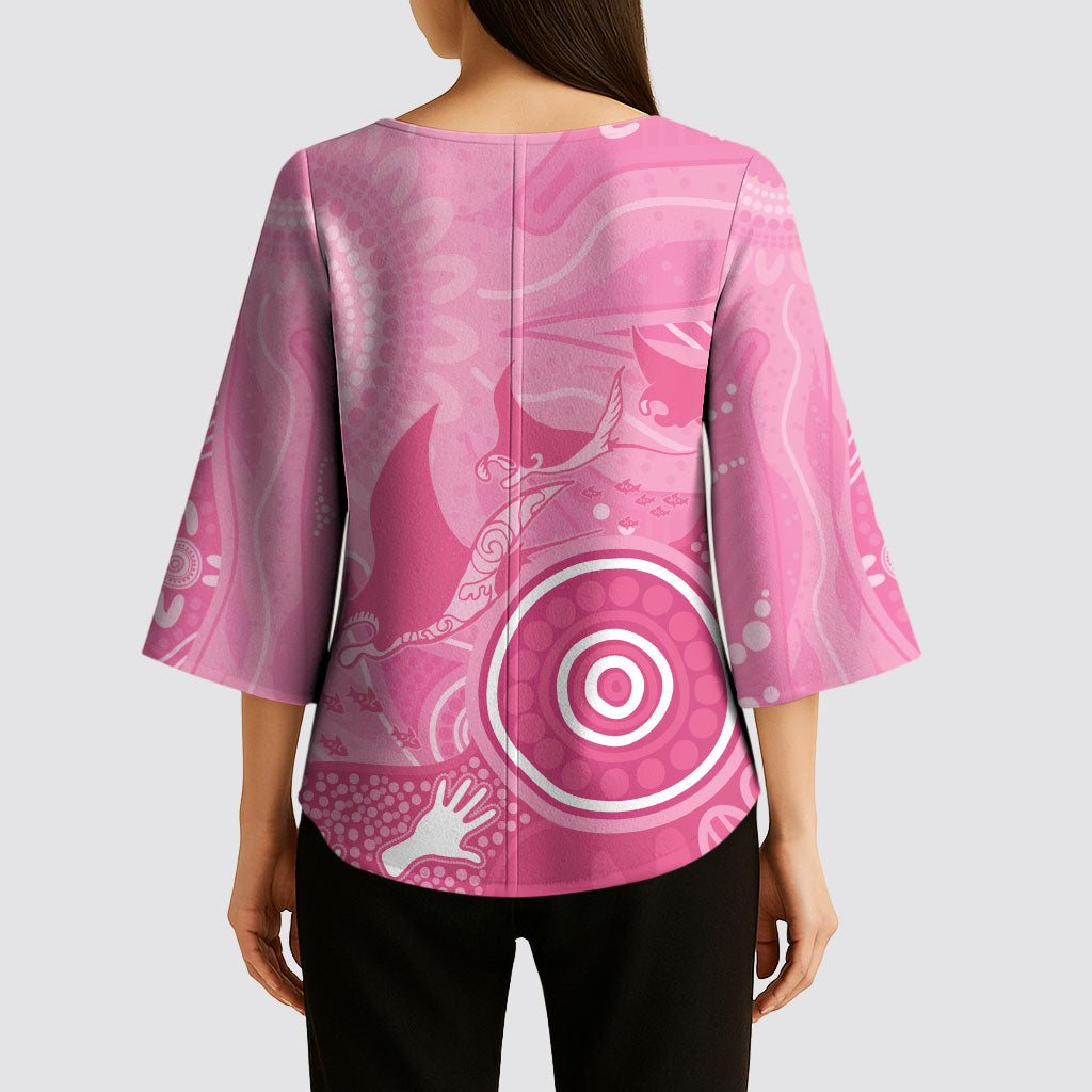 Australia Breast Cancer Support Kimono Sleeve Blouse Pink Ribbon Manta Ray Aboriginal Art