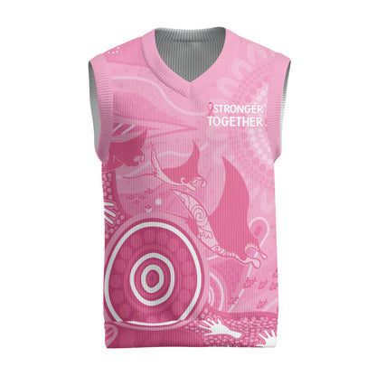 Australia Breast Cancer Support Christmas Knitted V-Neck Vest Pink Ribbon Manta Ray Aboriginal Art