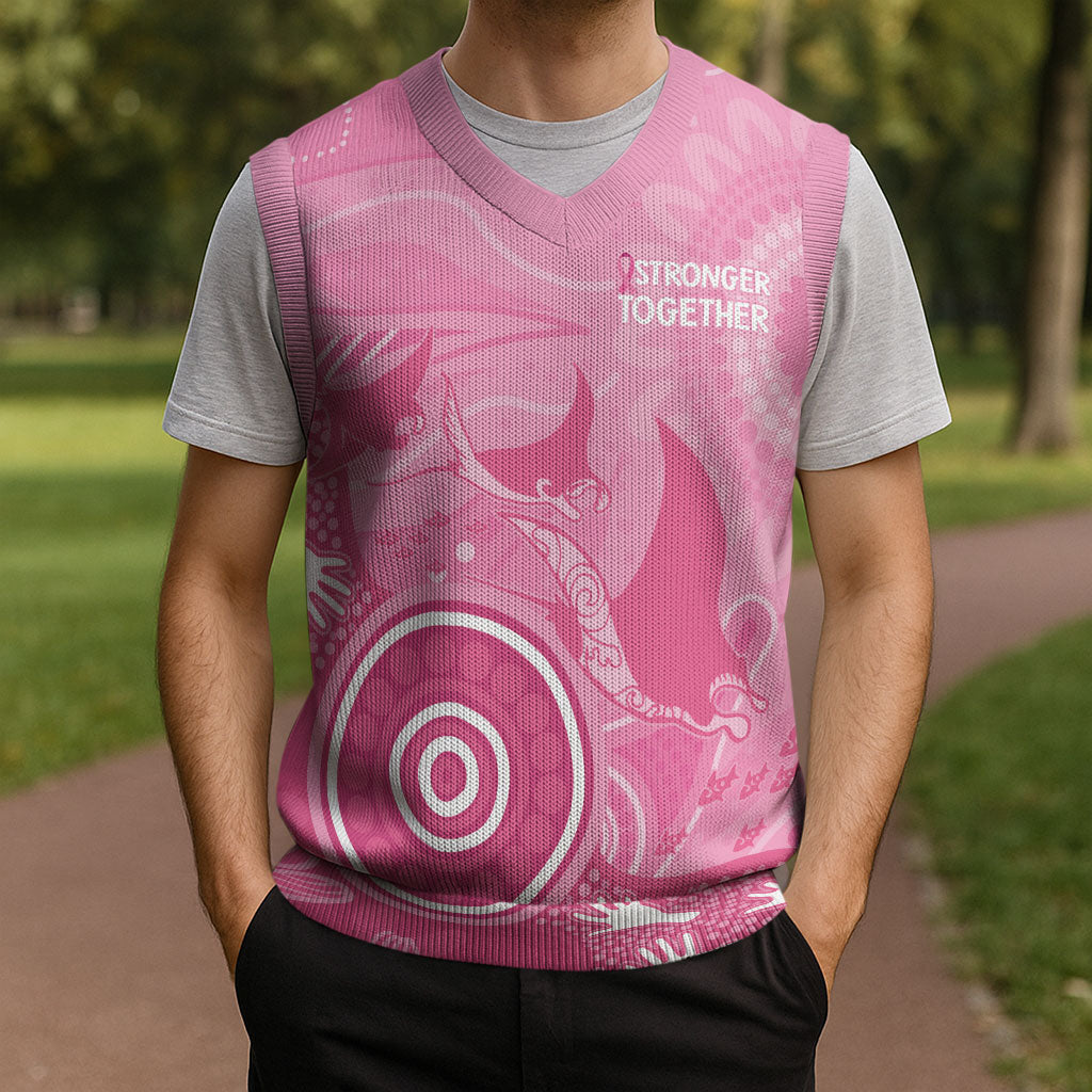 Australia Breast Cancer Support Christmas Knitted V-Neck Vest Pink Ribbon Manta Ray Aboriginal Art