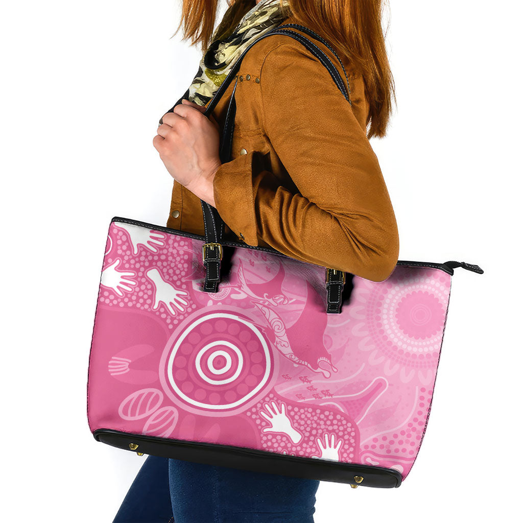 Australia Breast Cancer Support Leather Tote Bag Pink Ribbon Manta Ray Aboriginal Art