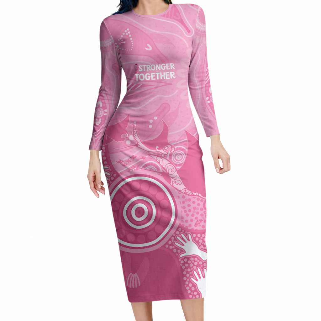 Australia Breast Cancer Support Long Sleeve Bodycon Dress Pink Ribbon Manta Ray Aboriginal Art