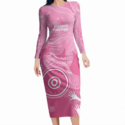 Australia Breast Cancer Support Long Sleeve Bodycon Dress Pink Ribbon Manta Ray Aboriginal Art