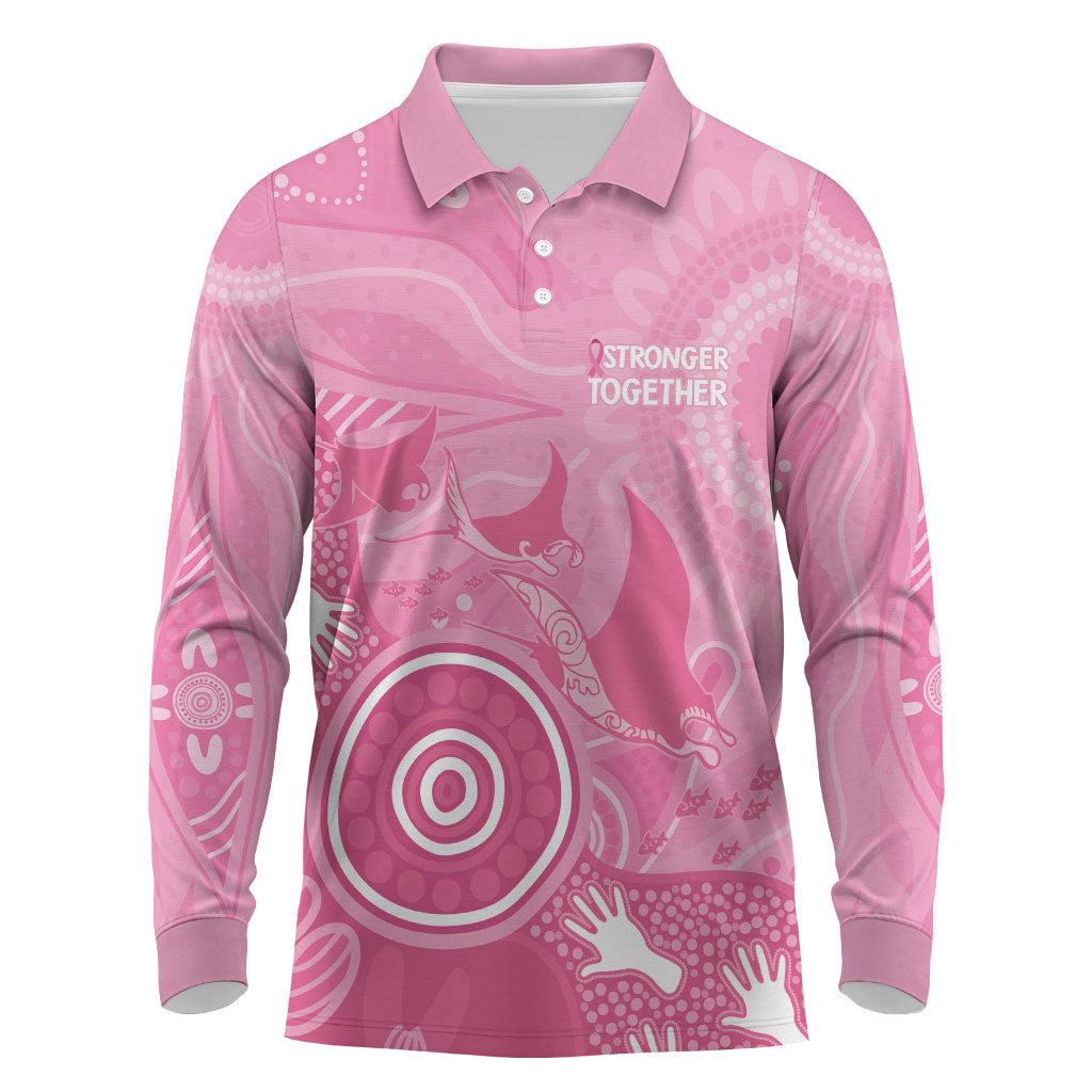 Australia Breast Cancer Support Long Sleeve Polo Shirt Pink Ribbon Manta Ray Aboriginal Art