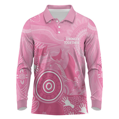 Australia Breast Cancer Support Long Sleeve Polo Shirt Pink Ribbon Manta Ray Aboriginal Art