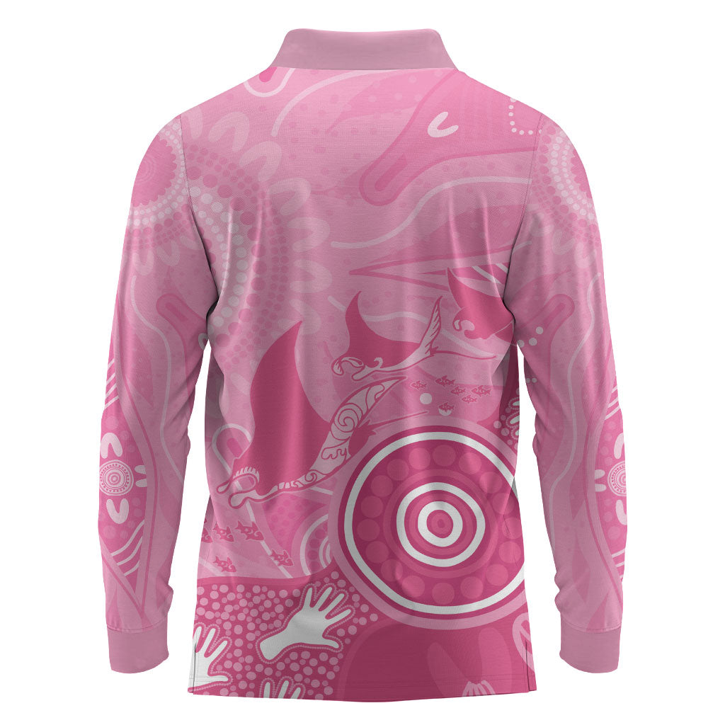 Australia Breast Cancer Support Long Sleeve Polo Shirt Pink Ribbon Manta Ray Aboriginal Art