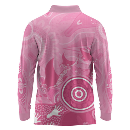 Australia Breast Cancer Support Long Sleeve Polo Shirt Pink Ribbon Manta Ray Aboriginal Art