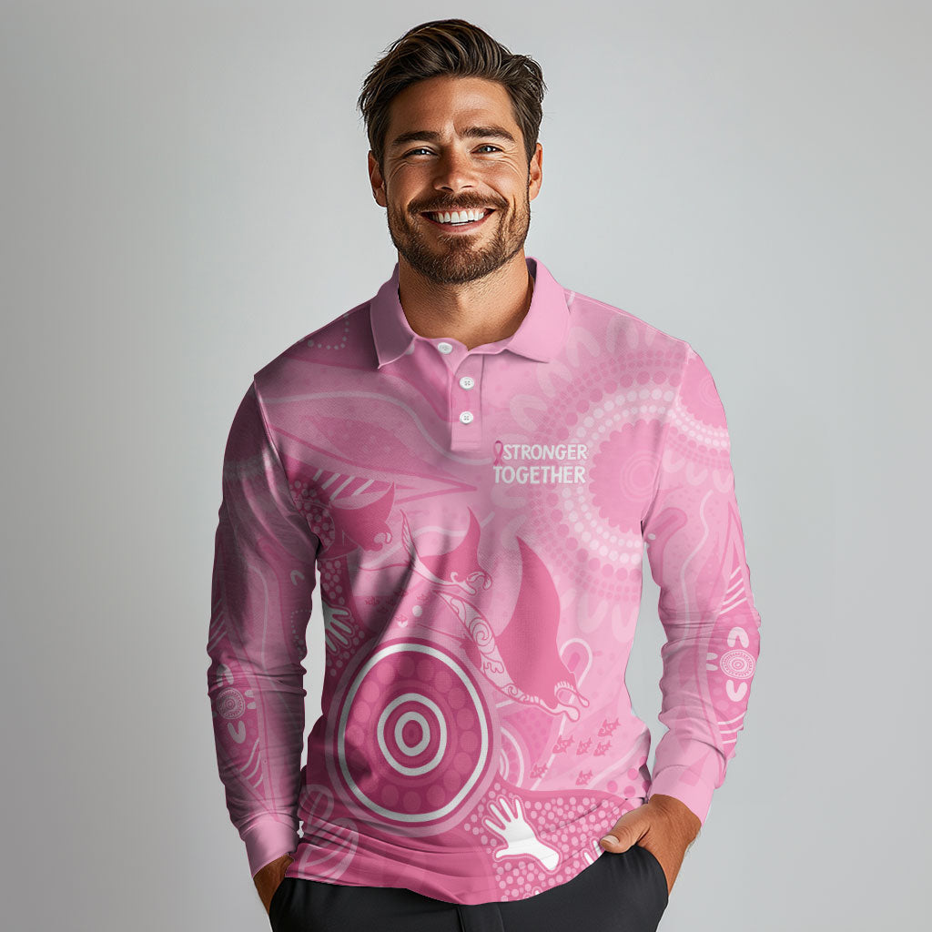 Australia Breast Cancer Support Long Sleeve Polo Shirt Pink Ribbon Manta Ray Aboriginal Art