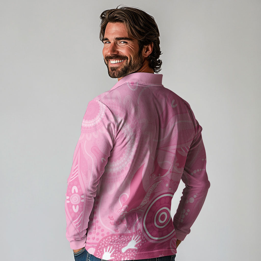 Australia Breast Cancer Support Long Sleeve Polo Shirt Pink Ribbon Manta Ray Aboriginal Art