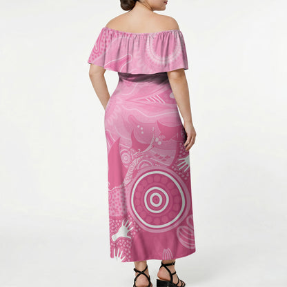 Australia Breast Cancer Support Off Shoulder Maxi Dress Pink Ribbon Manta Ray Aboriginal Art