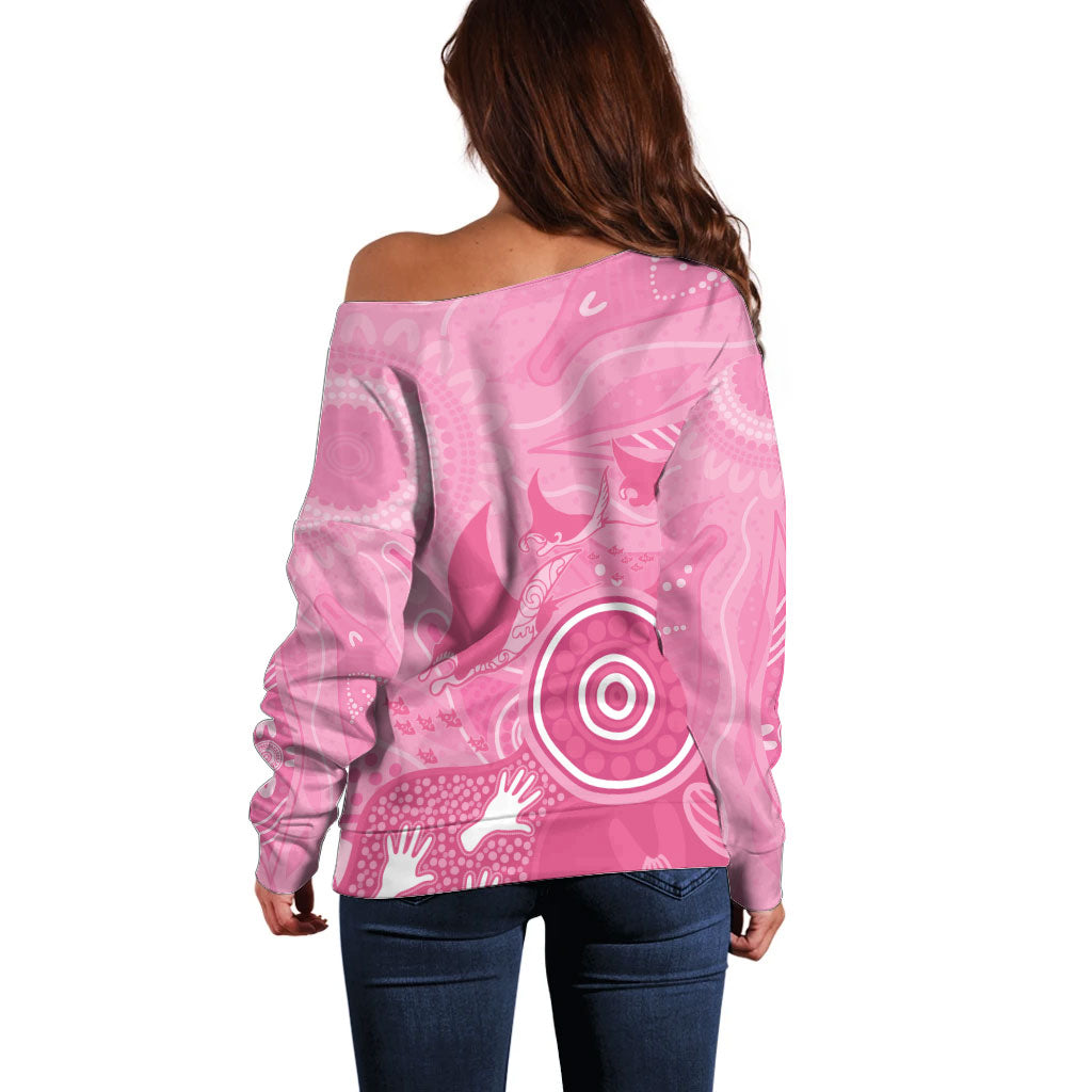 Australia Breast Cancer Support Off Shoulder Sweater Pink Ribbon Manta Ray Aboriginal Art