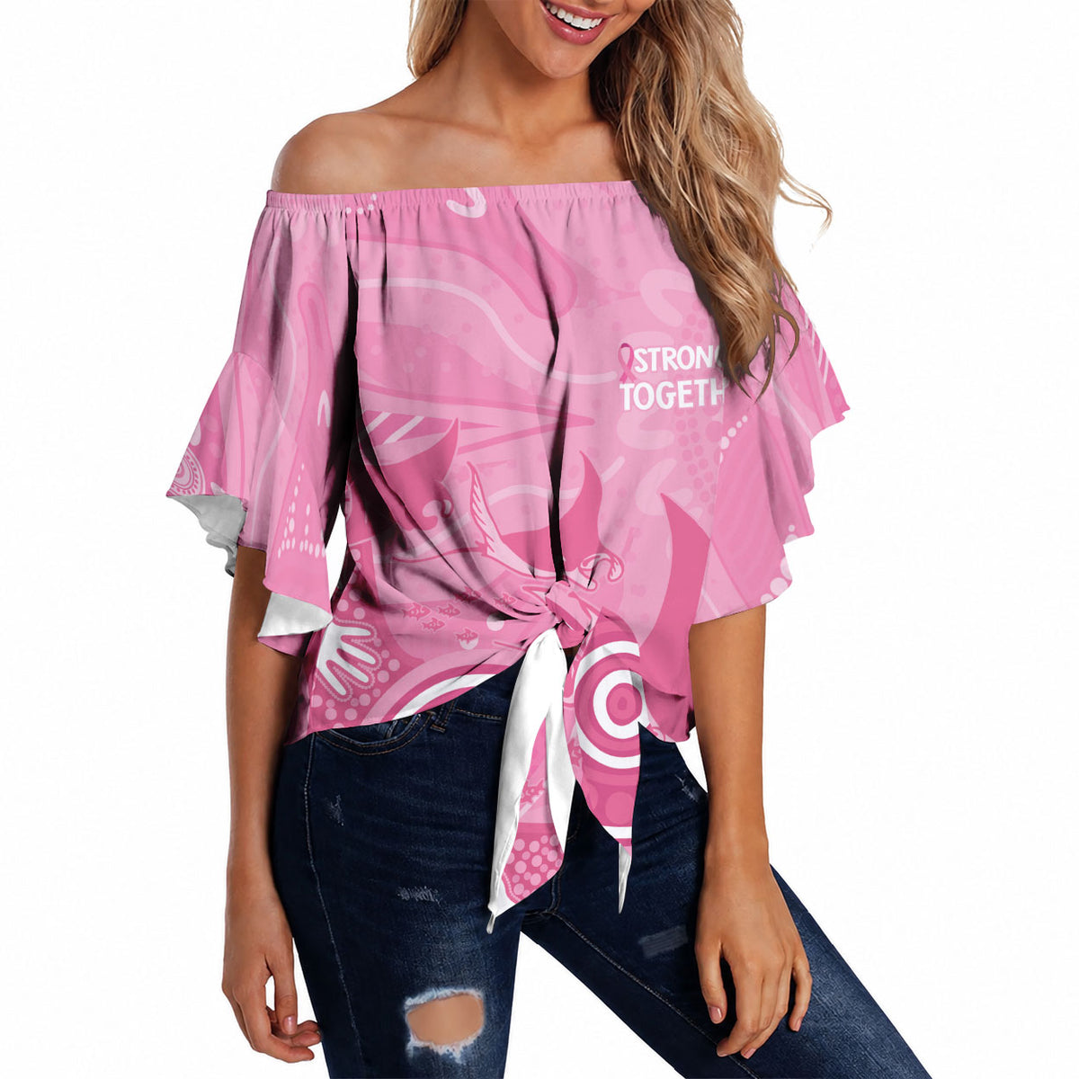 Australia Breast Cancer Support Off Shoulder Wrap Waist Top Pink Ribbon Manta Ray Aboriginal Art
