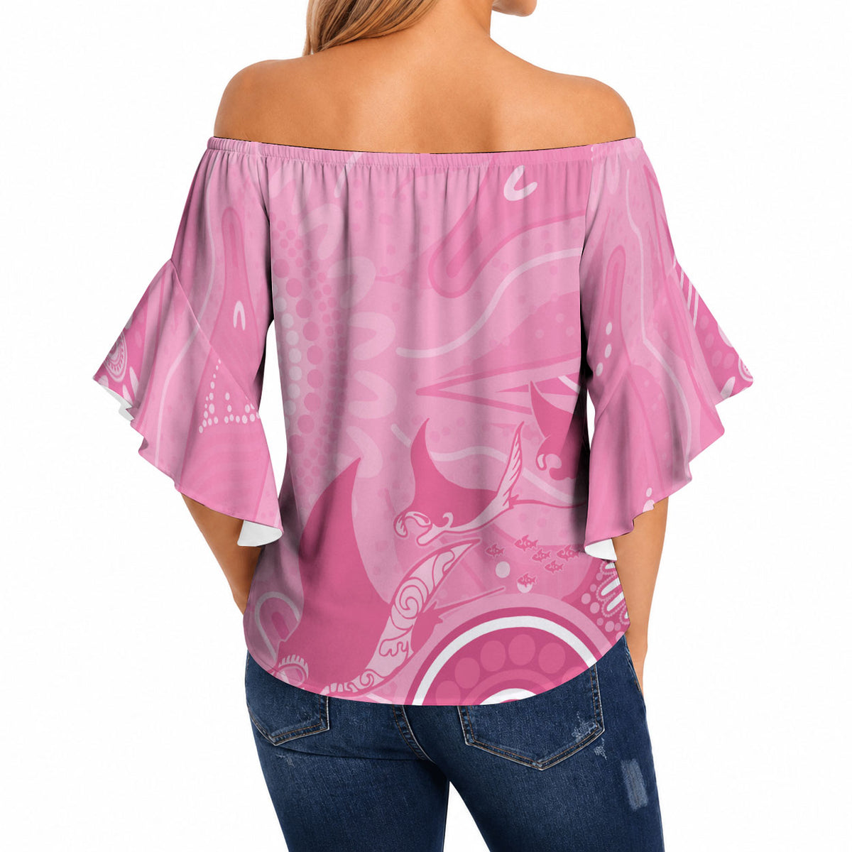 Australia Breast Cancer Support Off Shoulder Wrap Waist Top Pink Ribbon Manta Ray Aboriginal Art