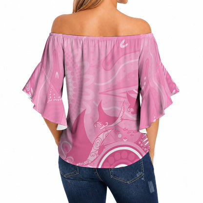 Australia Breast Cancer Support Off Shoulder Wrap Waist Top Pink Ribbon Manta Ray Aboriginal Art