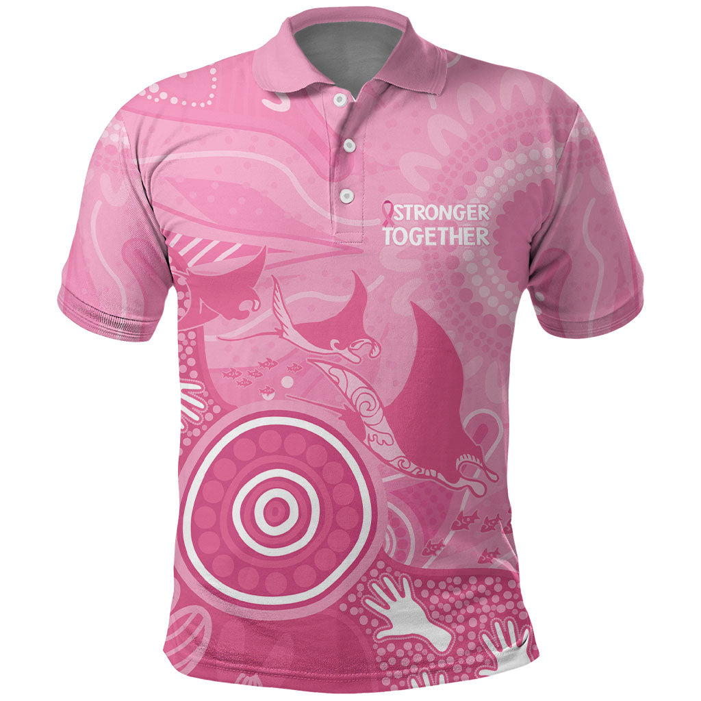 Australia Breast Cancer Support Polo Shirt Pink Ribbon Manta Ray Aboriginal Art