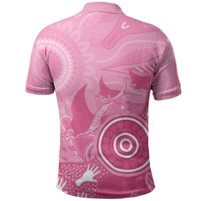 Australia Breast Cancer Support Polo Shirt Pink Ribbon Manta Ray Aboriginal Art