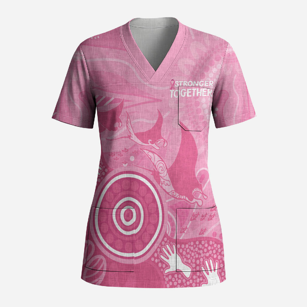 Australia Breast Cancer Support Scrub Top Pink Ribbon Manta Ray Aboriginal Art