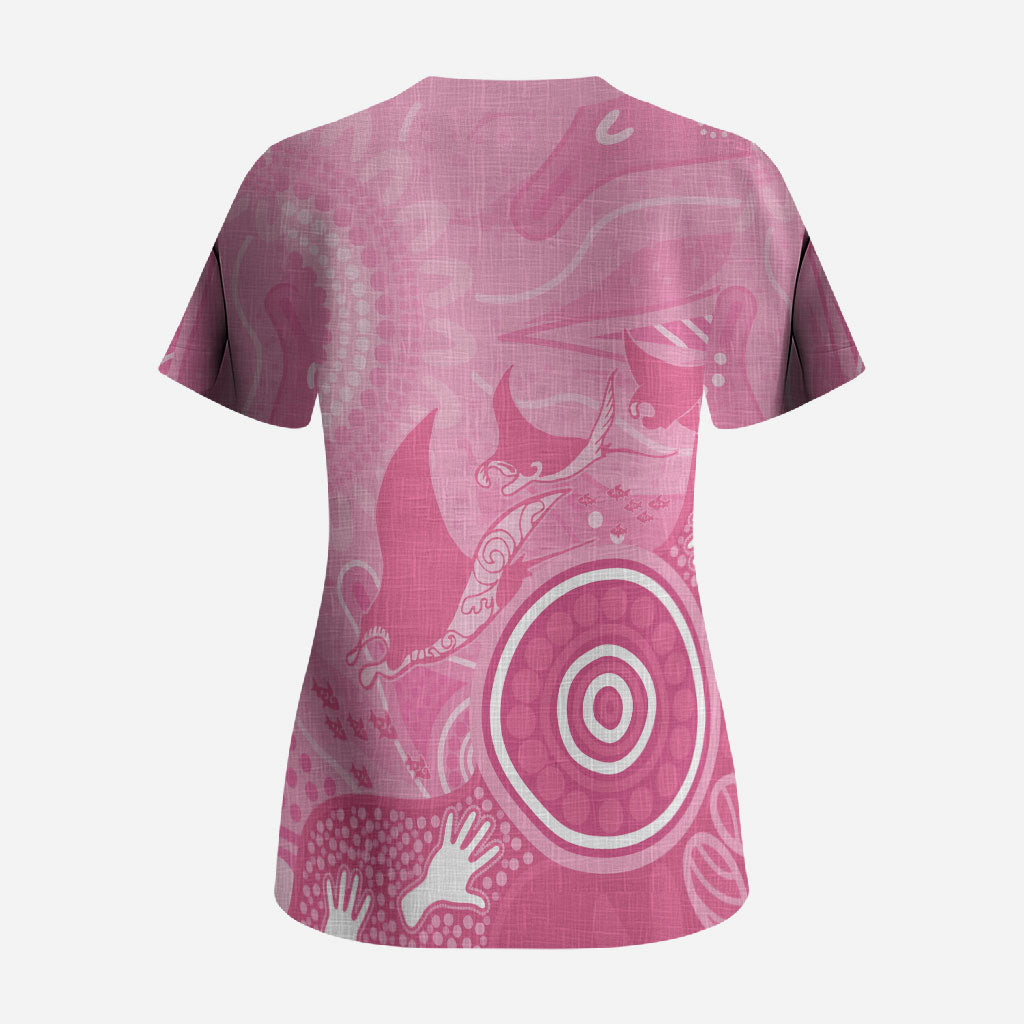 Australia Breast Cancer Support Scrub Top Pink Ribbon Manta Ray Aboriginal Art