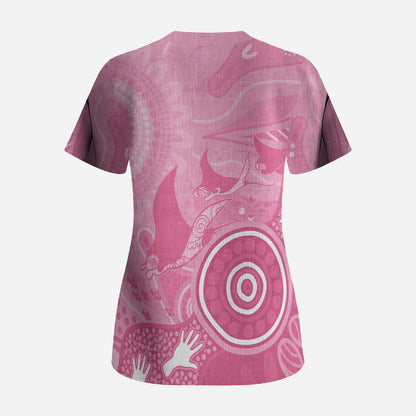 Australia Breast Cancer Support Scrub Top Pink Ribbon Manta Ray Aboriginal Art
