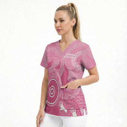 Australia Breast Cancer Support Scrub Top Pink Ribbon Manta Ray Aboriginal Art