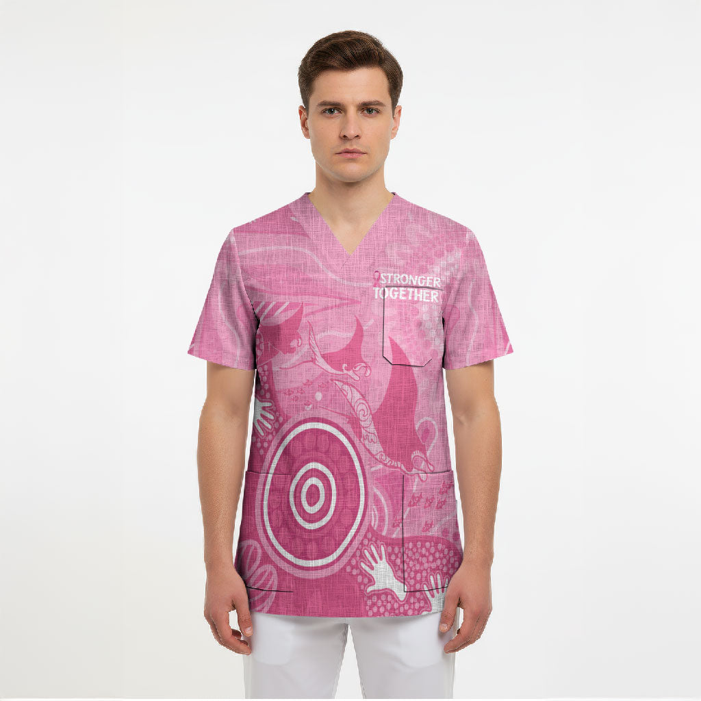 Australia Breast Cancer Support Scrub Top Pink Ribbon Manta Ray Aboriginal Art