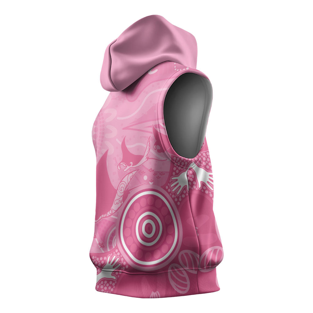 Australia Breast Cancer Support Sleeveless Hoodie Pink Ribbon Manta Ray Aboriginal Art