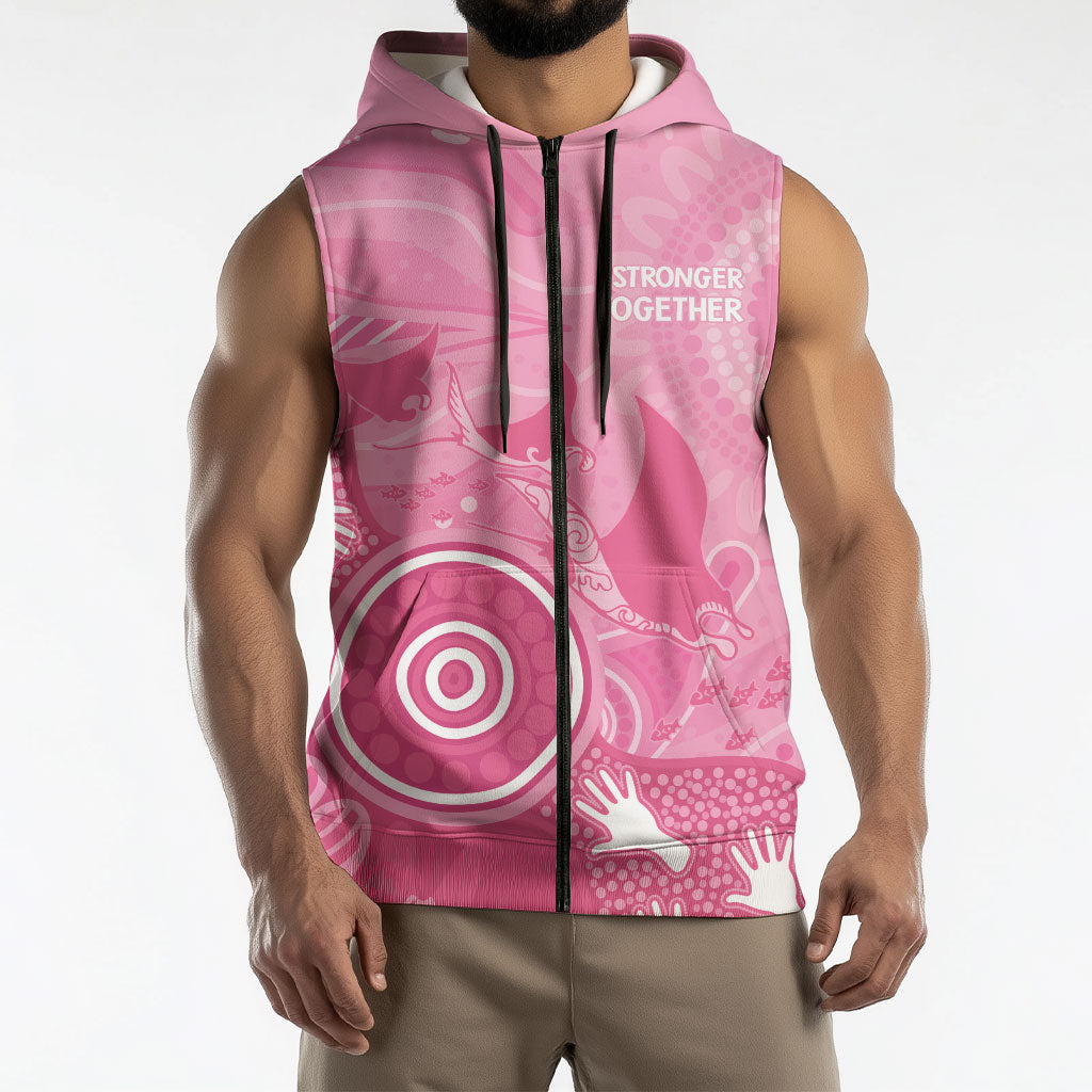 Australia Breast Cancer Support Sleeveless Zip Hoodie Pink Ribbon Manta Ray Aboriginal Art
