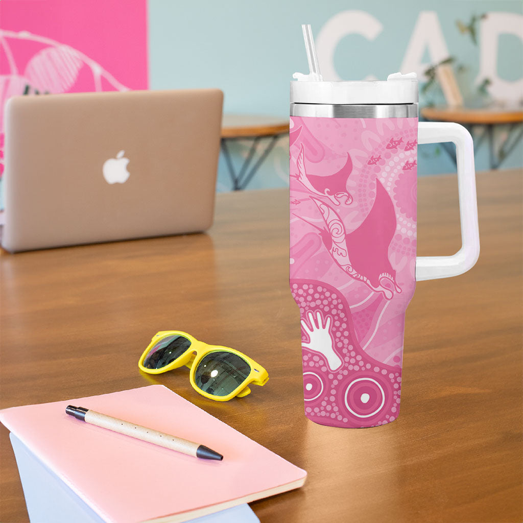 Australia Breast Cancer Support Tumbler With Handle Pink Ribbon Manta Ray Aboriginal Art
