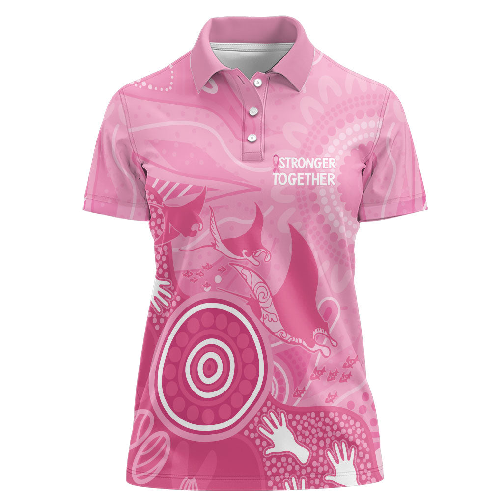 Australia Breast Cancer Support Women Polo Shirt Pink Ribbon Manta Ray Aboriginal Art