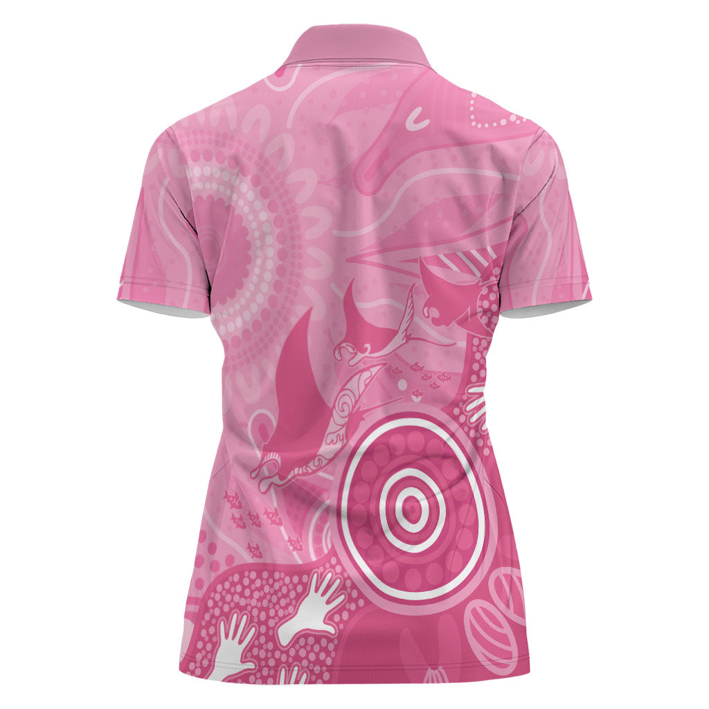 Australia Breast Cancer Support Women Polo Shirt Pink Ribbon Manta Ray Aboriginal Art