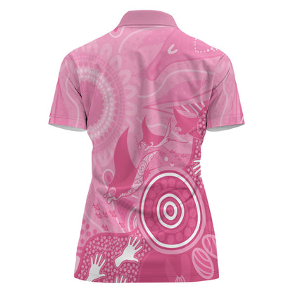 Australia Breast Cancer Support Women Polo Shirt Pink Ribbon Manta Ray Aboriginal Art