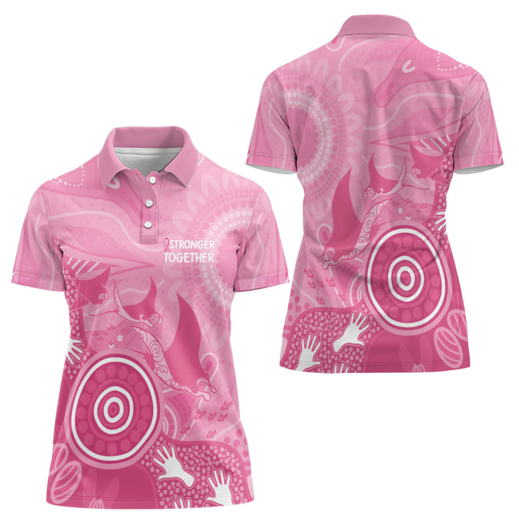 Australia Breast Cancer Support Women Polo Shirt Pink Ribbon Manta Ray Aboriginal Art