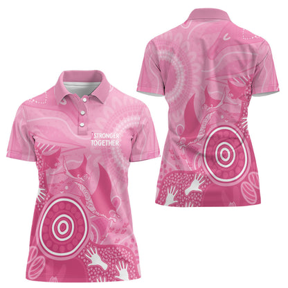 Australia Breast Cancer Support Women Polo Shirt Pink Ribbon Manta Ray Aboriginal Art