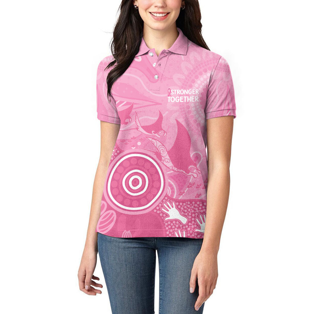 Australia Breast Cancer Support Women Polo Shirt Pink Ribbon Manta Ray Aboriginal Art