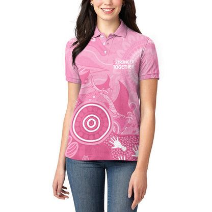 Australia Breast Cancer Support Women Polo Shirt Pink Ribbon Manta Ray Aboriginal Art